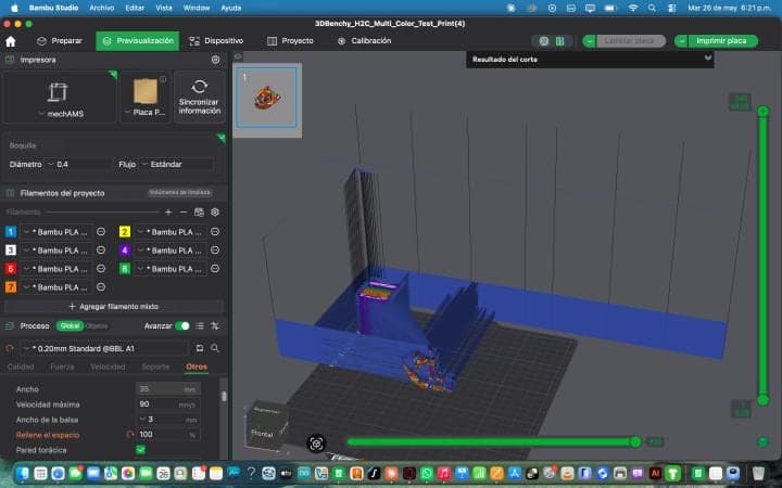 Bambu Studio slicer preview showing a multi-filament color test print