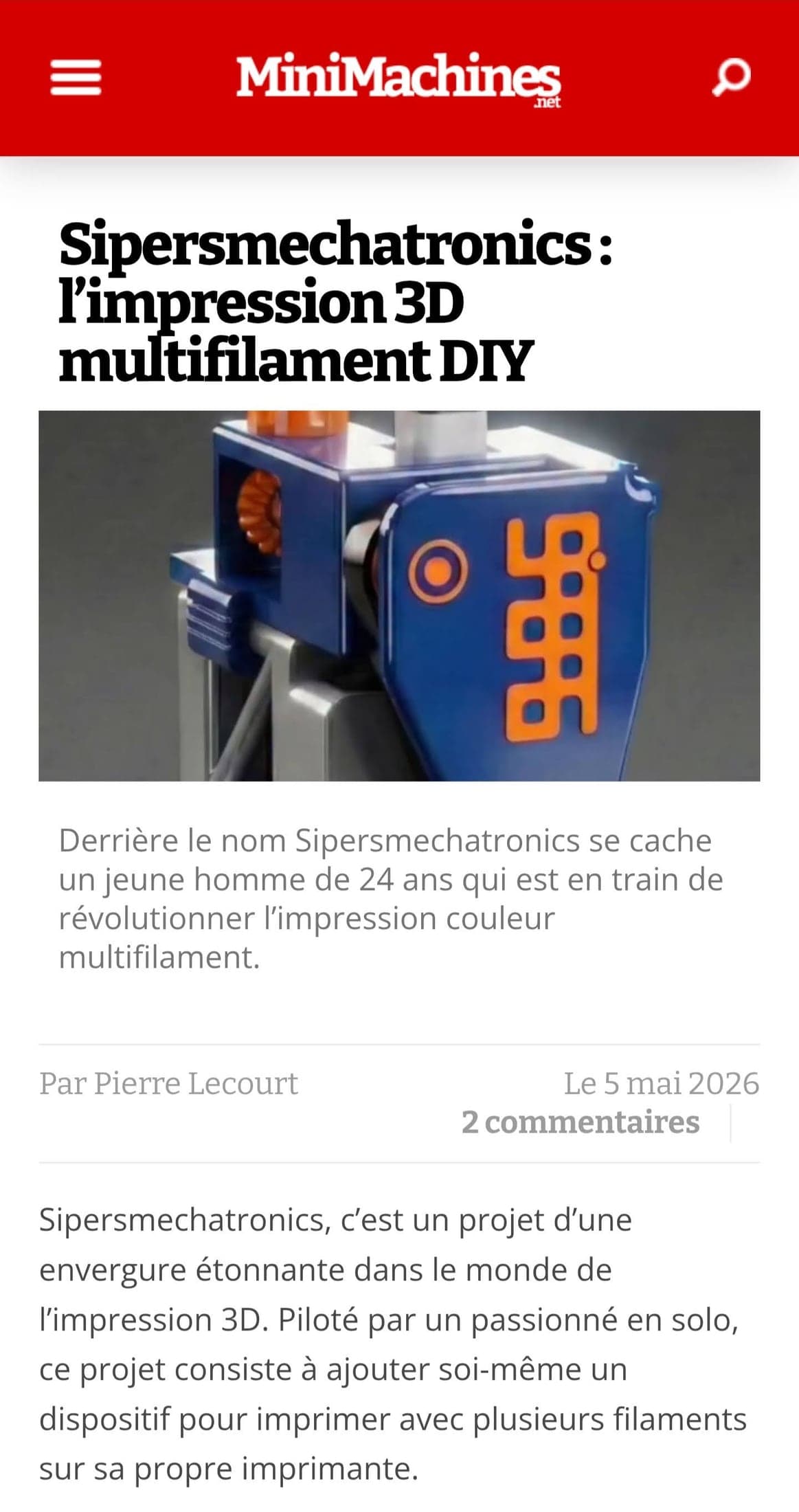 MiniMachines article screenshot featuring Sipersmechatronics and DIY multifilament 3D printing